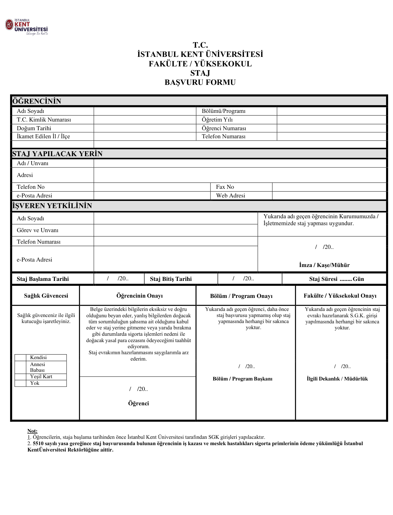Internship Application Form in Turkish